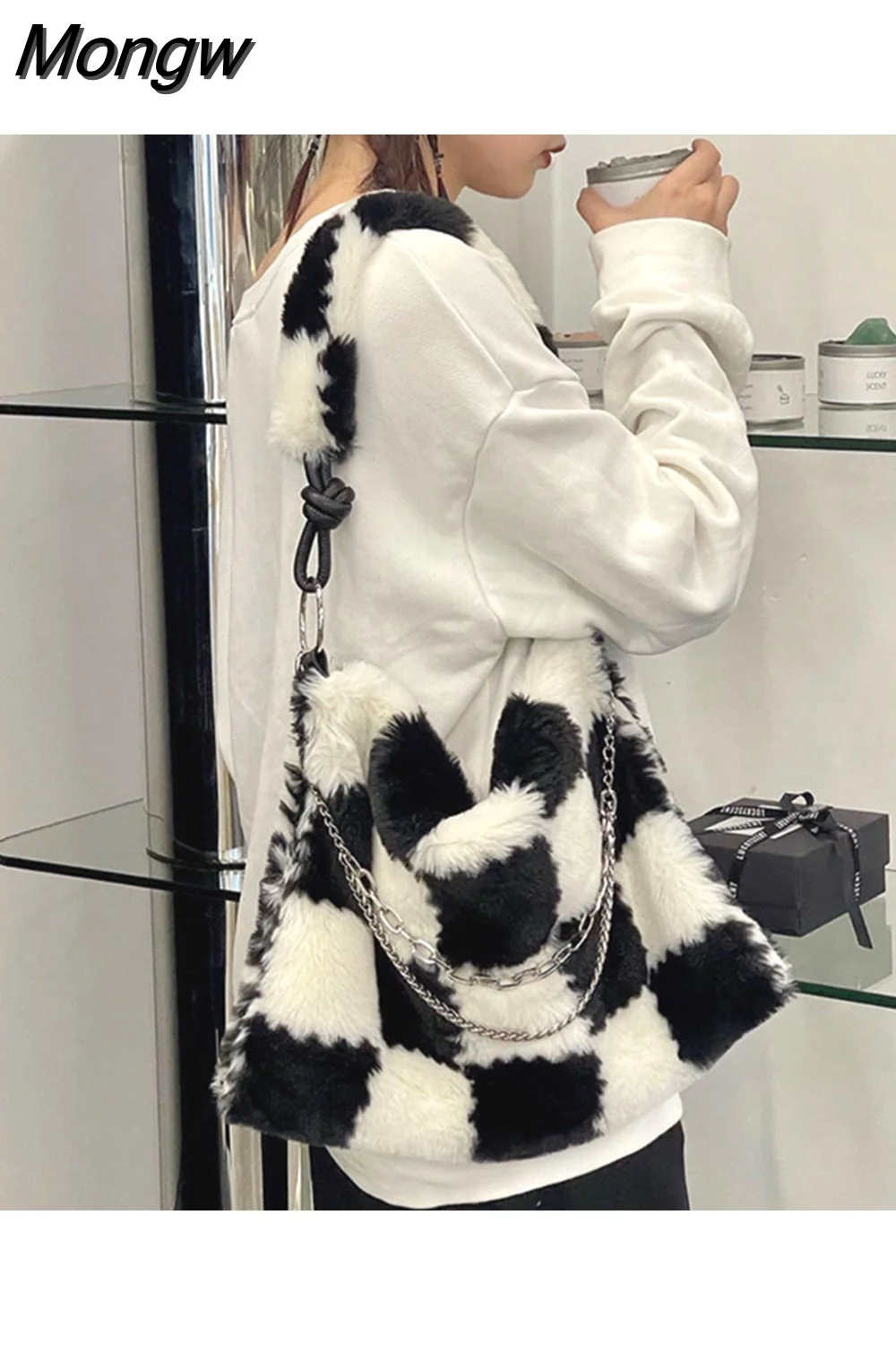Mongw Design Women Soft Plush Shoulder Bag Fashion Ladies Faux Fur Chain Handbags Large Capacity Female Furry Tote Bags