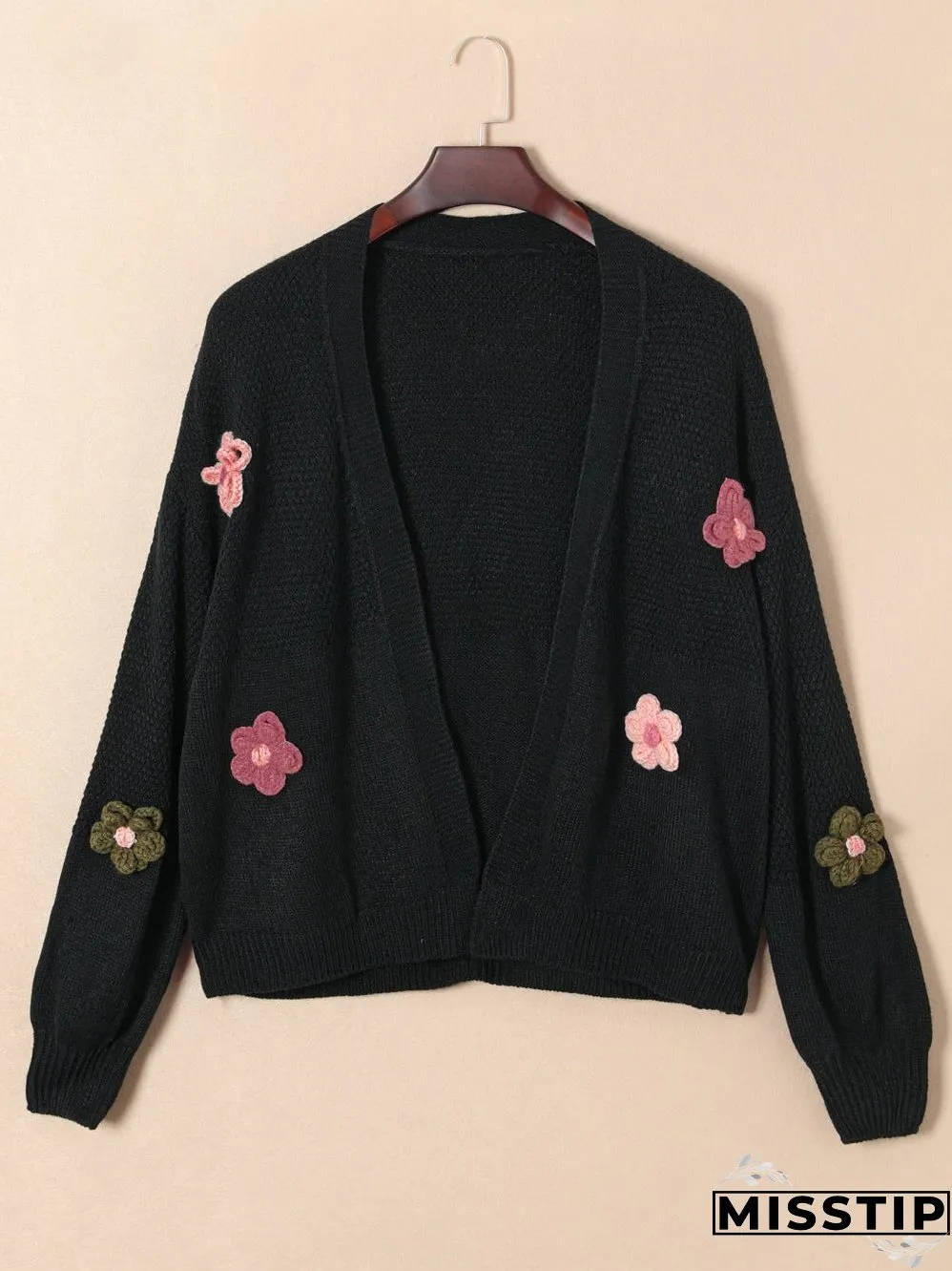 Sweet Black Floral Bubble Sleeve Cardigan with Shoulder Drop