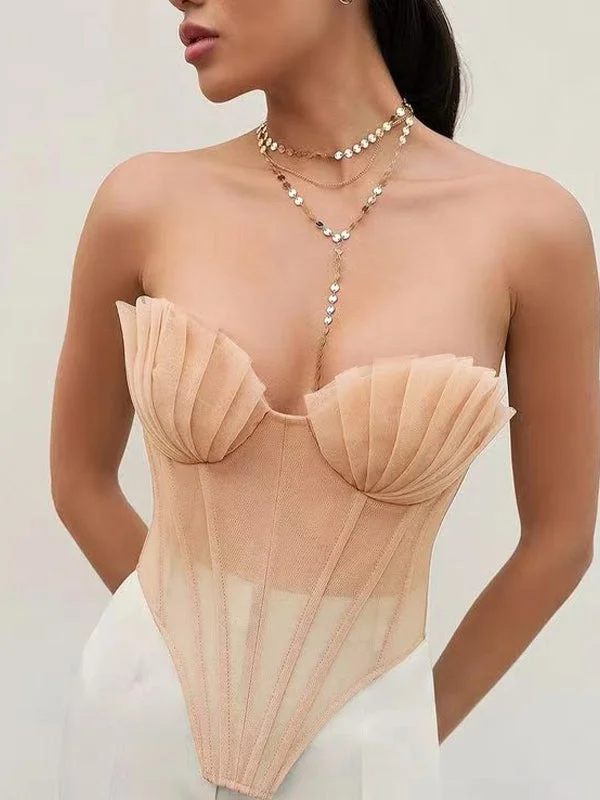 Brownm Sexy Pleated Shell Mesh Corset Top