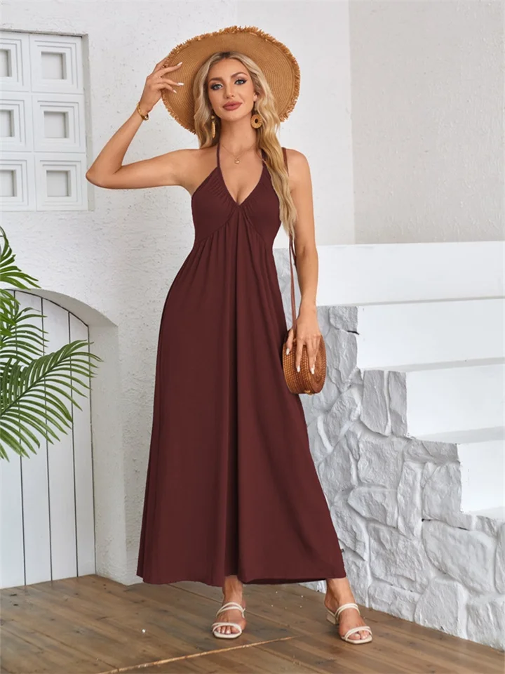 Summer Women's V-neck Neckline Backless Pleated Sleeveless Dress Solid Color Dresses-JRSEE