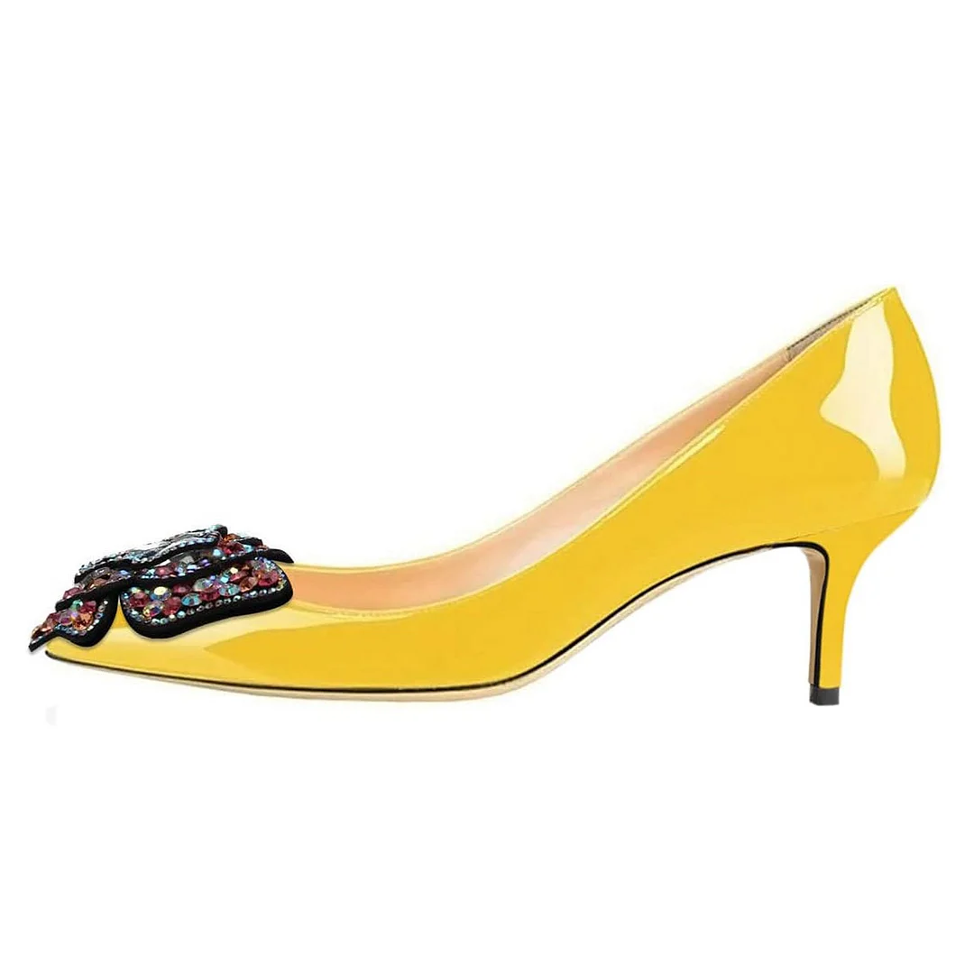 Yellow Patent Leather Kitten Heel Rhinestone Butterfly Pumps Shoes