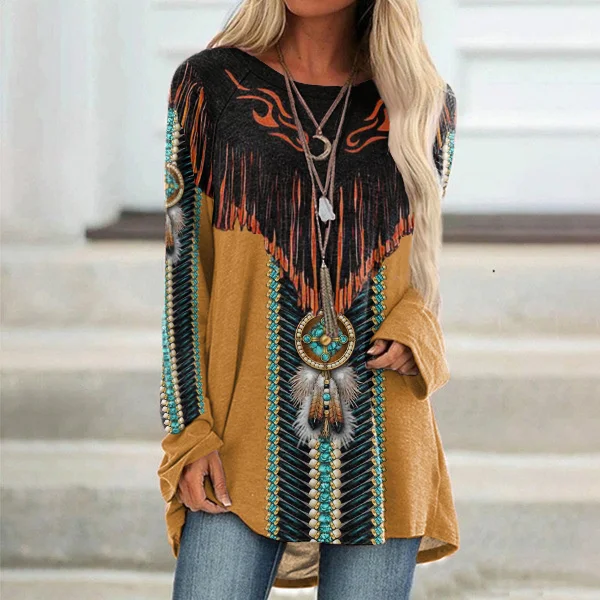Western Fringe Print Long Sleeve Casual Tunic
