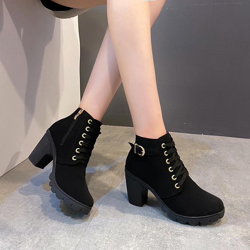 Gamistine Metal buckle high-heeled women's boots 2025 spring and autumn new fashion British style side zipper short tube women's boots
