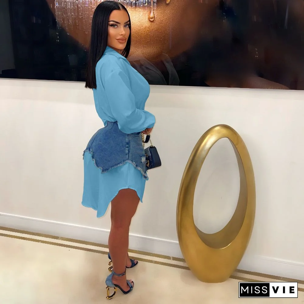 Long Sleeve Shirts+Denim Skirt Two Piece Sets