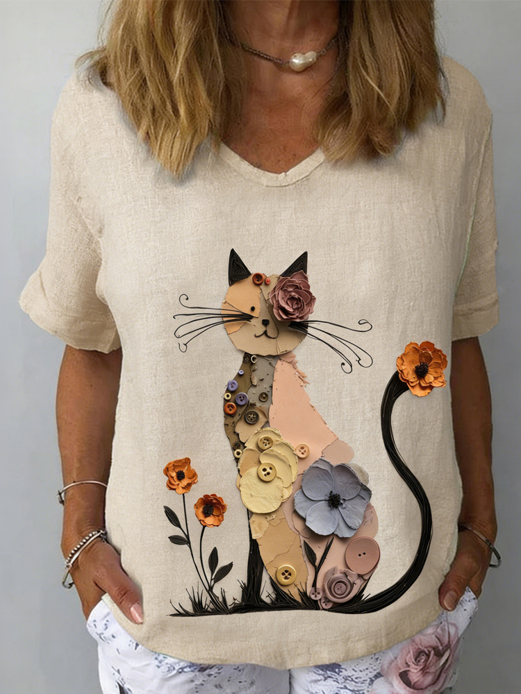 Cute Quilling Art Floral Cat Comfy Linen T Shirt wearshes