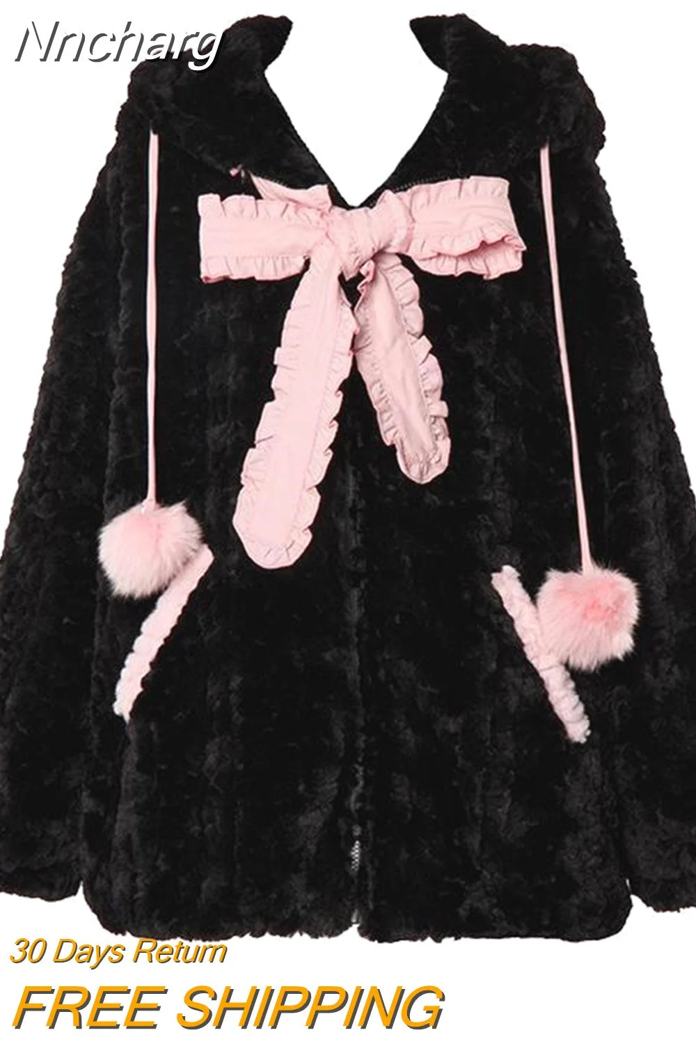 Nncharge Little WildCat Hoodies Women Bodysuit Black Tie Bowknot Cute Loose Goth Coat Y2k Style Kawaii Winter Clothes Women