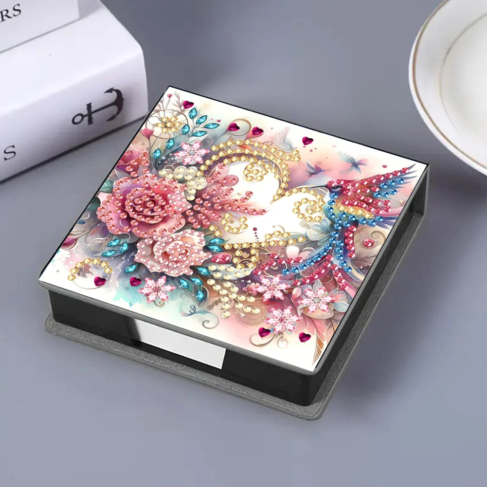 PU Flower Bird Diamond Painting Notecard Box with 160 Sheets of Paper
