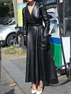Urban Solid Color Belted Long Sleeves V-Neck Leather Coat