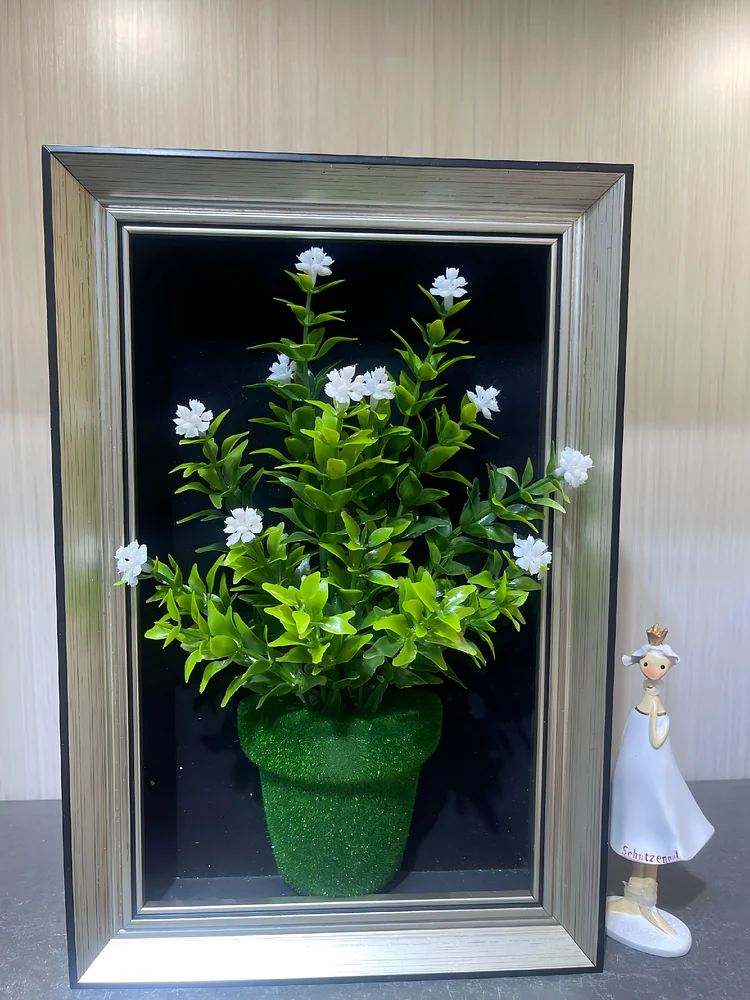 Realistic Artificial White Flower Framed Botanical Shadow Box Decor（Size  7.8*11.8 in）