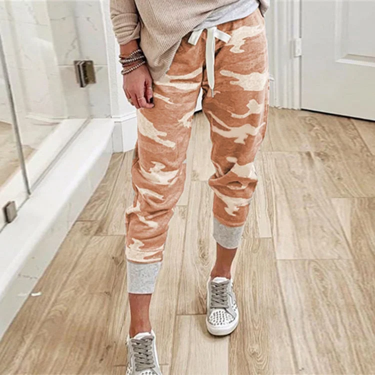 Brownm Hemp Blended Print Casual Drawstring Jogging Pants