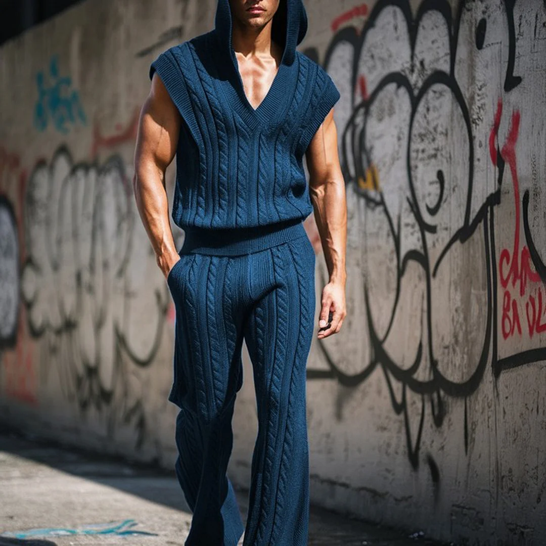 Men's Solid Color Knitted Sleeveless Hooded Suit-inspireuse