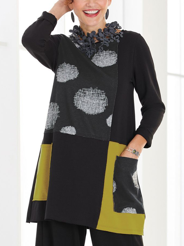 Patchwork Pocket Color Matching Long Sleeve Blouses