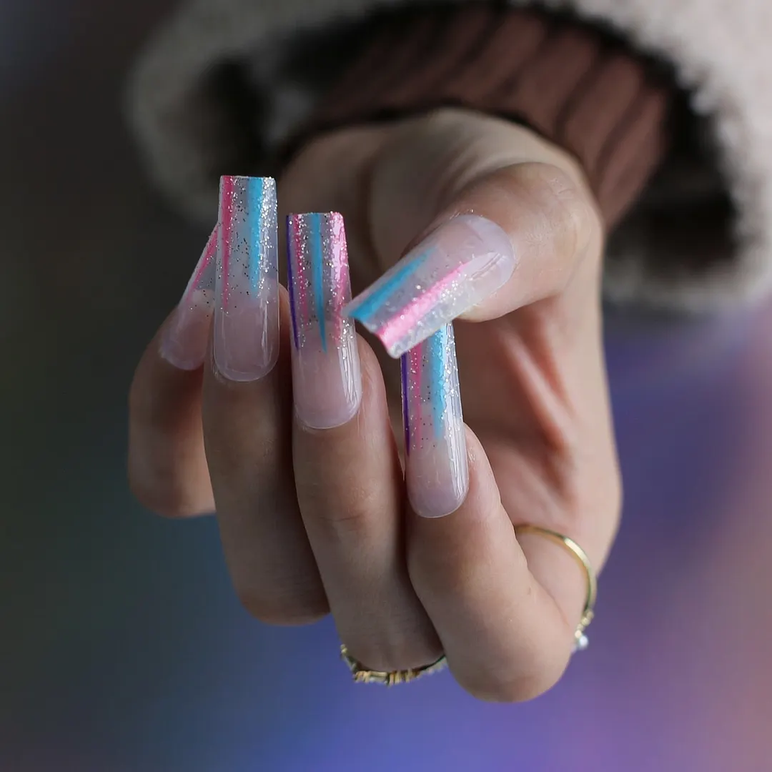 Pink Blue Extra long rectangular False nails clear rainbow glitter ombre High quality gel square Fake nails Home salon nails-Nail Inspo