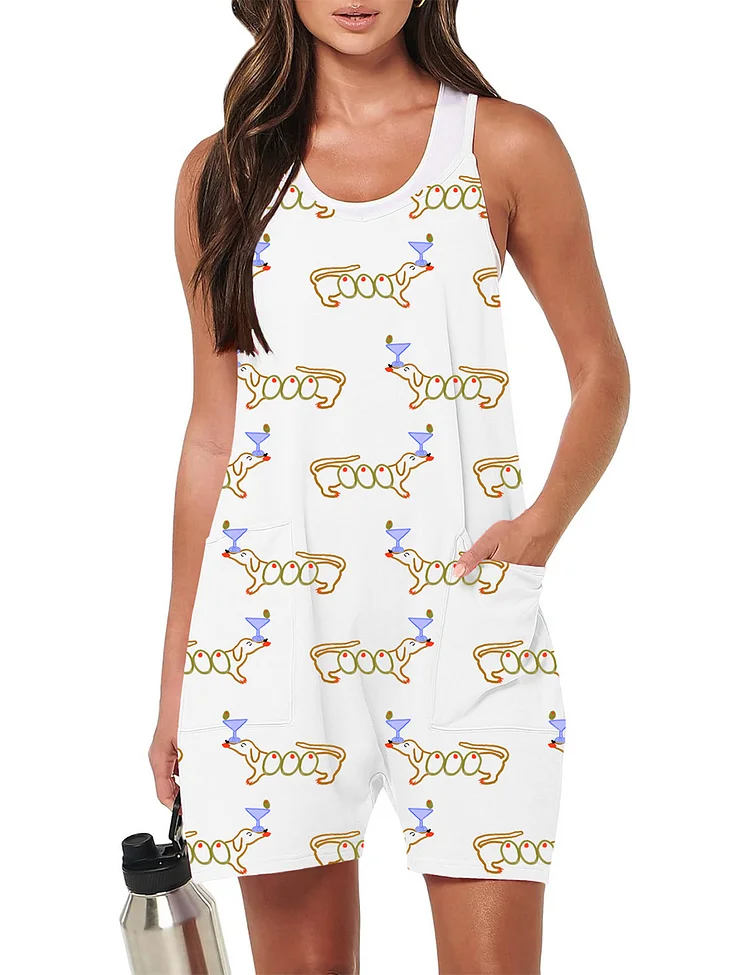 Women's Martini Weenie Dachshund Lover Loose Sleeveless Overalls Spaghetti Strap Shorts Jumpsuit
