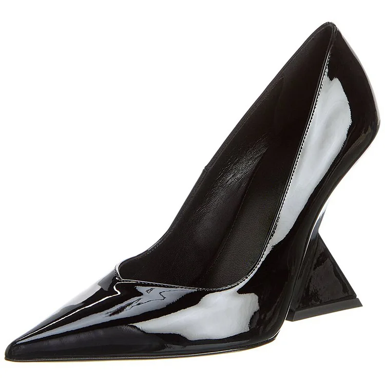 Black Patent Leather Finish Pointy Toe Angled Heel Pumps for Women |FSJ Shoes