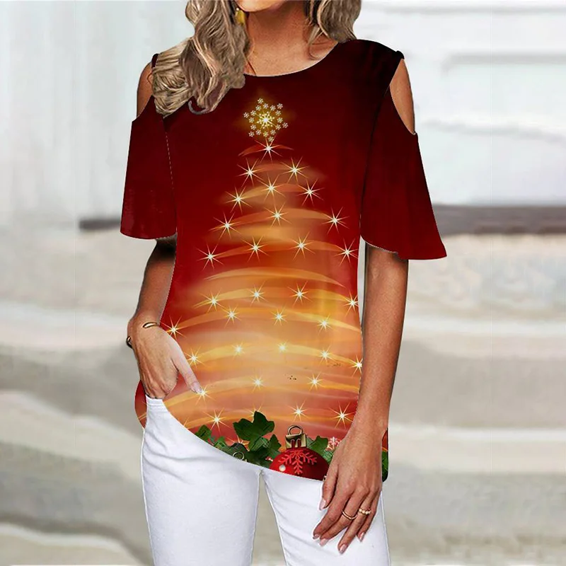 Dream Stars Christmas Tree Print Cutout Shoulder Sleeve Women's Casual T-shirt
