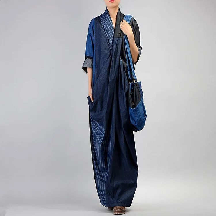 Unique V-Neck Linen Patchwork Robes Neckline Denim Blue Dresses (Limited Stock)
