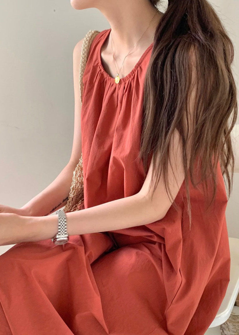 VCSHOES Brick Red O-Neck Oversized Cotton Beach Dress Sleeveless