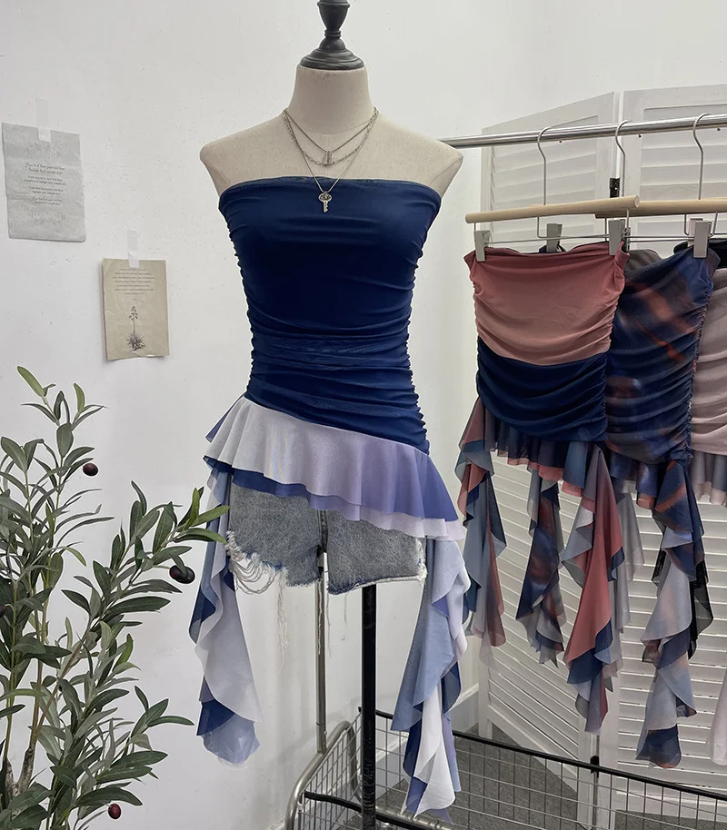 Uveng Irregular Bra Vest Wearing A Gradient Mesh Yarn Leaf Side Ribbon Bottom Sleeveless Top Lady 9931