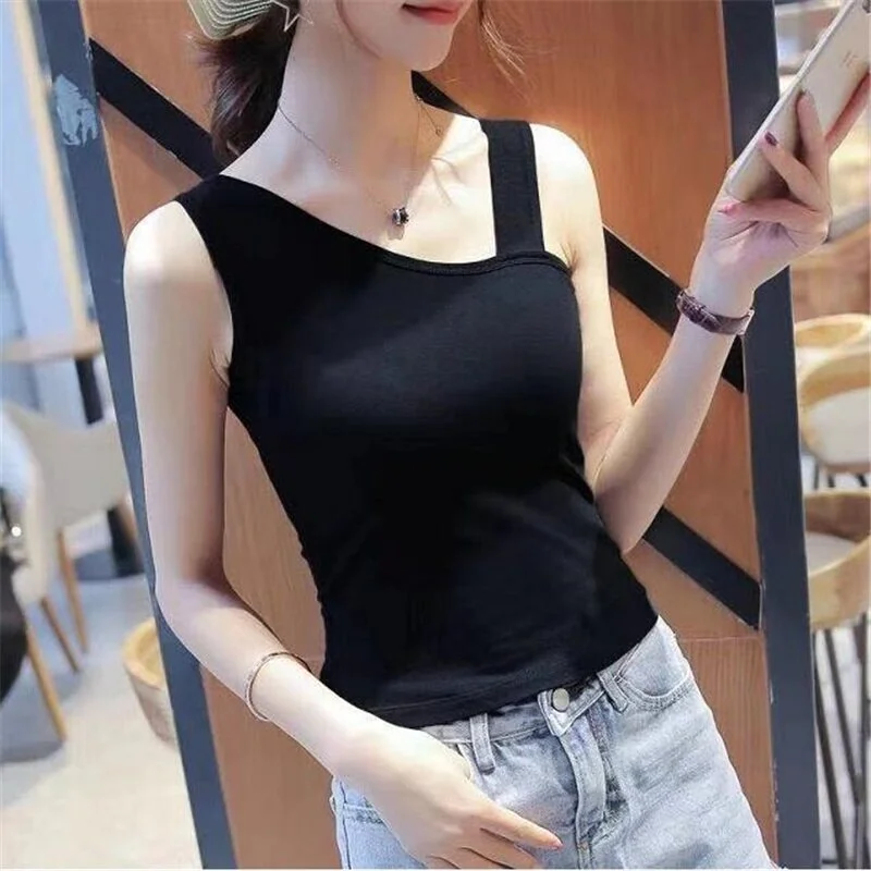 Slanted Shoulder Camisole Female Tee Summer Sleeveless Sling Top  Beautiful Back  Outer Wear Thin Tank Top Women's Camis