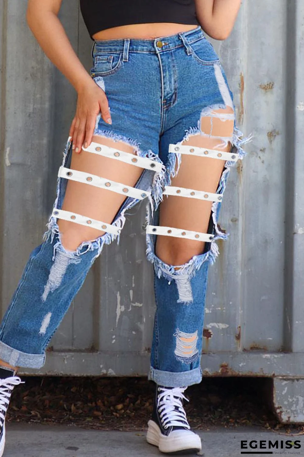 Deep Blue Sexy Street Solid Hollowed Out Make Old Patchwork High Waist Denim Jeans | EGEMISS