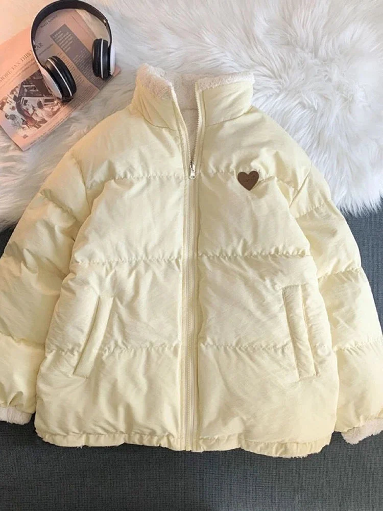 Oocharger Cute Embroidery Women Parkas Coat Winter Thick Hairy Korean Loose Warm Jacket Double Sided Design Pink Student Clothes