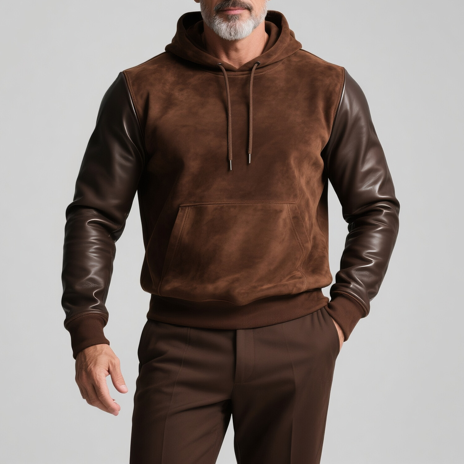Men's Suede PU Leather Long Sleeves Pocket Drawstring Hoodie