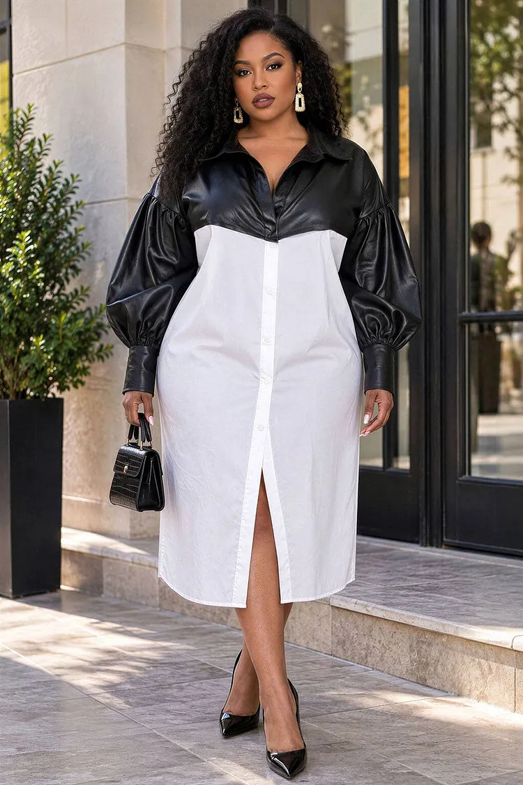 Xpluswear Design Plus Size Business Casual Elegant White Shirt Collar Lantern Sleeve Long Sleeve Contrast PU Leather Midi Dresses [Pre-Order] 2024 - Xpluswear