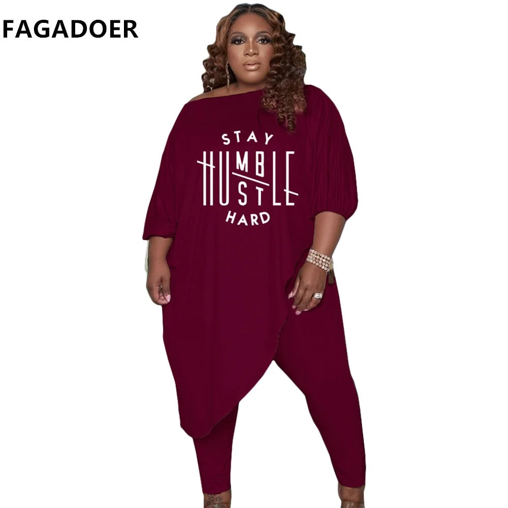 FAGADOER Plus Size Two Piece Sets 4XL 5XL Casual Short Sleeve Letter Print Irregular Tops And Skinny Pants Fashion Outfits 2021