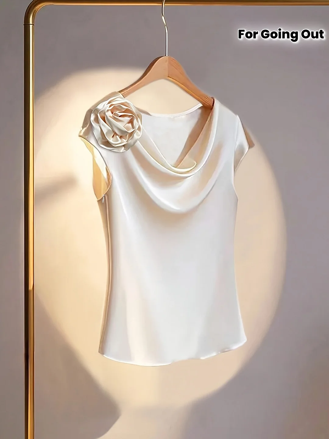 Elegant Satin Blouse | Women's 3d Floral Detail - Cowl Neck, Cap Sleeve, Non-Sheer Summer Shirt For Casual Or Outing Wear | IFYHOME