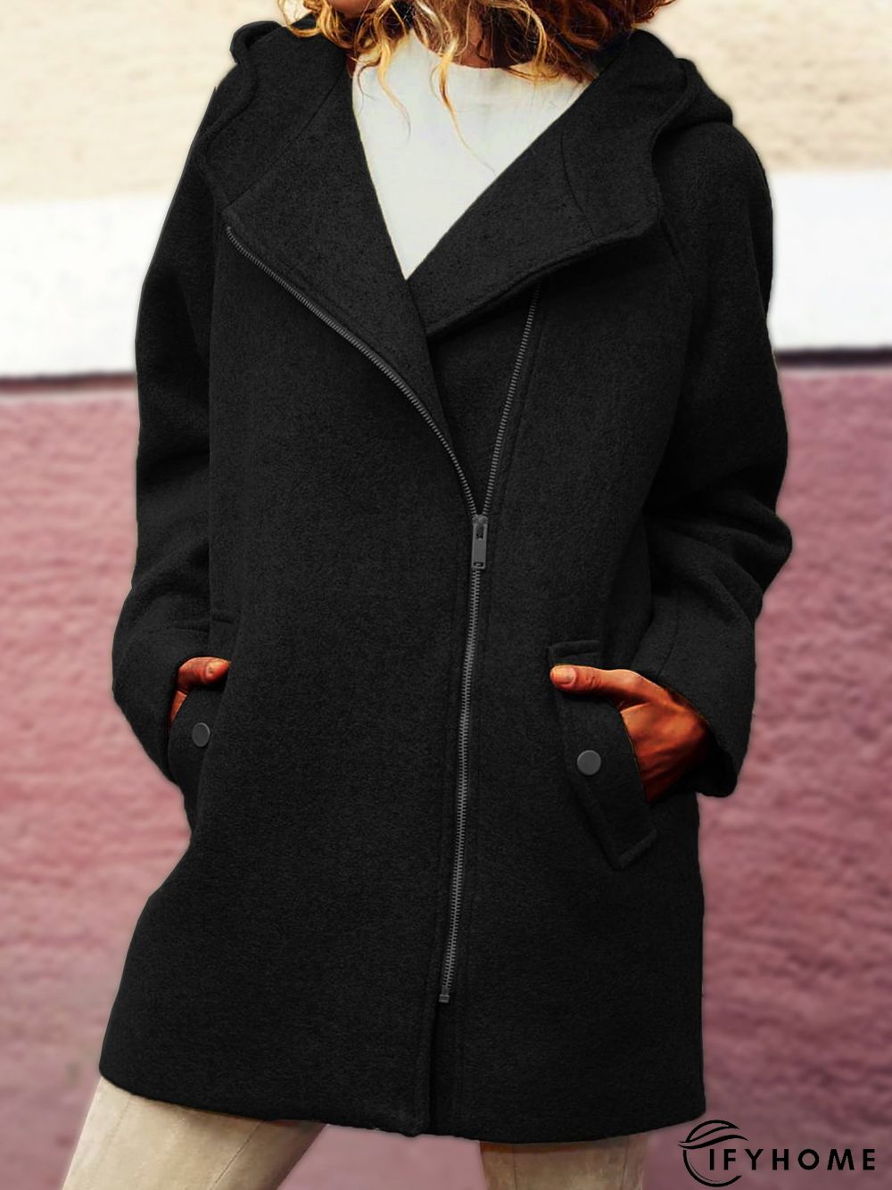 Hooded Asymmetrical Zipper Jacket Coat Overcoat | IFYHOME