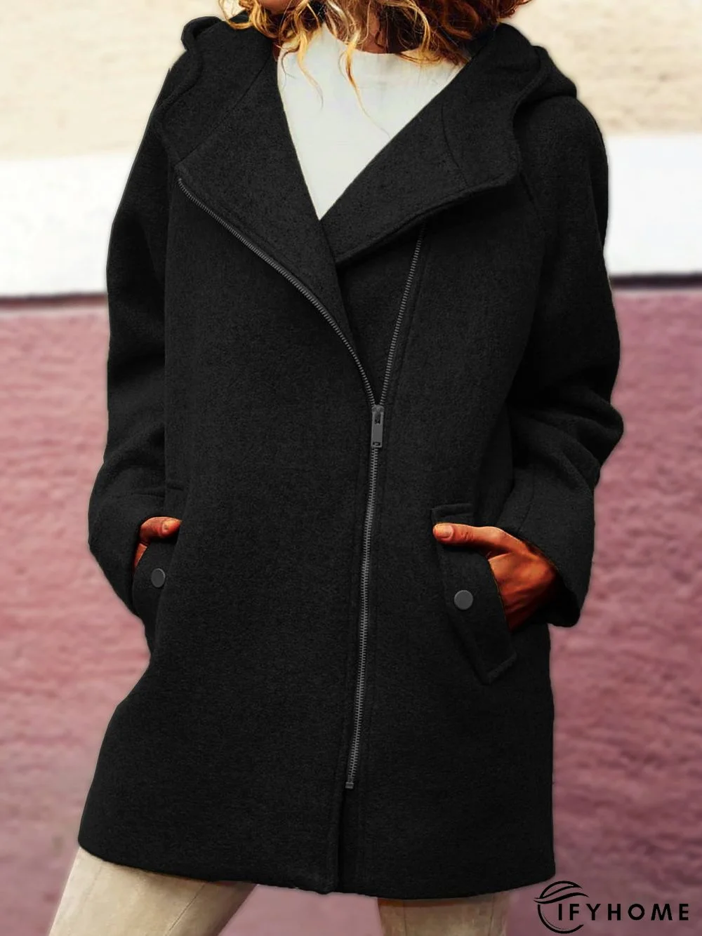 Hooded Asymmetrical Zipper Jacket Coat Overcoat | IFYHOME