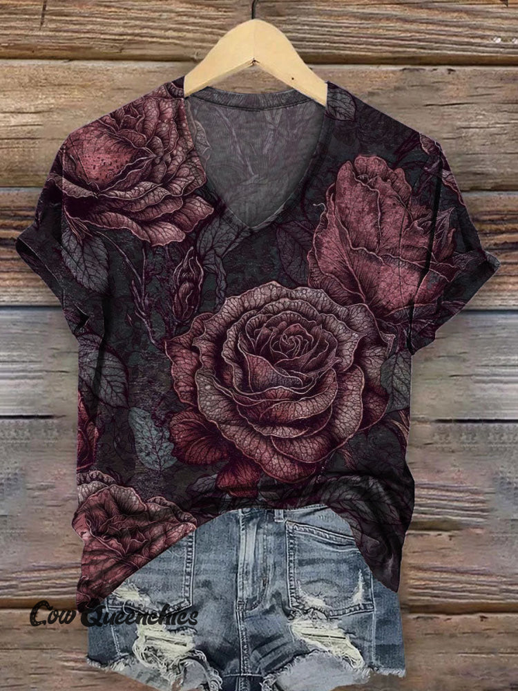 Women&rsquo;s Vintage Art Print V-neck Casual T-Shirt Multicolor / S