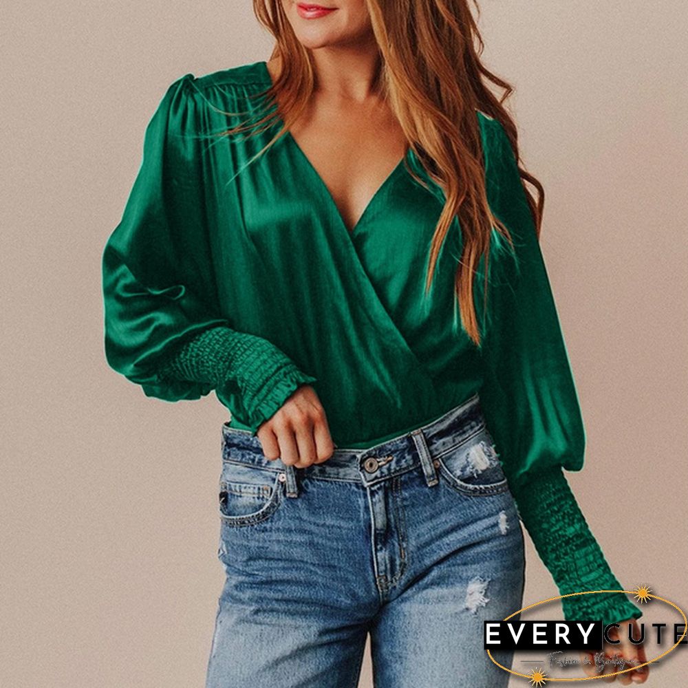Womens Long-Sleeve Neck Blouse Spring/Autumn Elegant Casual Silk Shirt Ladies Pleated Tops