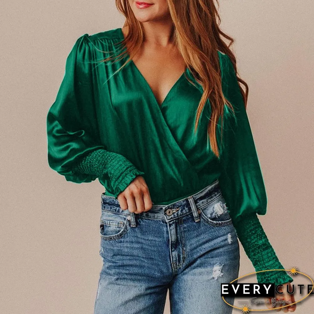 Womens Long-Sleeve Neck Blouse Spring/Autumn Elegant Casual Silk Shirt Ladies Pleated Tops