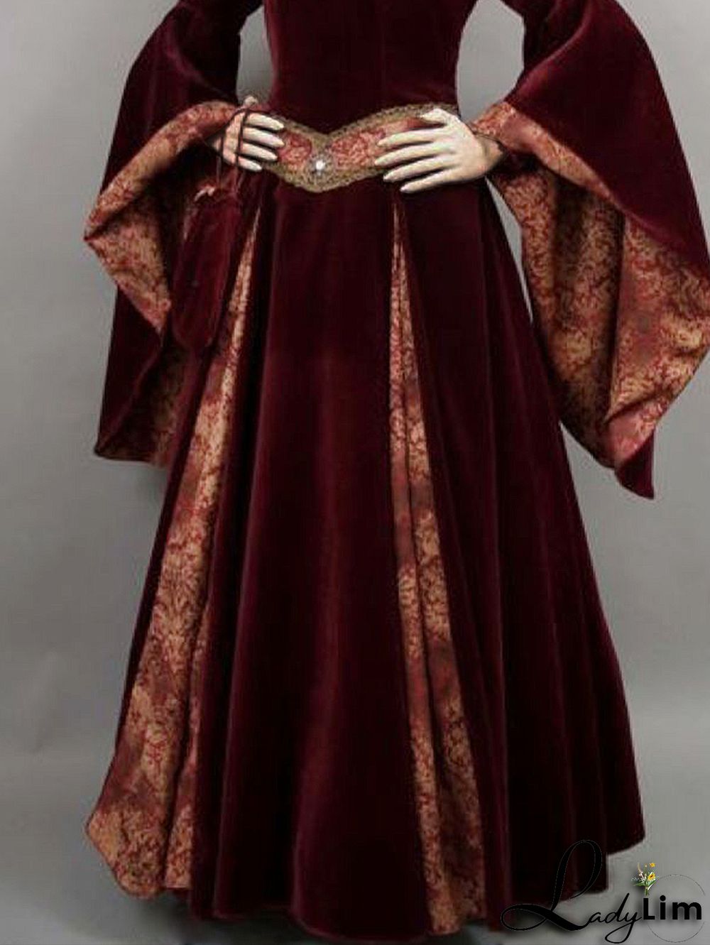 Elegant Floral Patchwork Stand Collar Flare Sleeve Velvet Maxi Dress