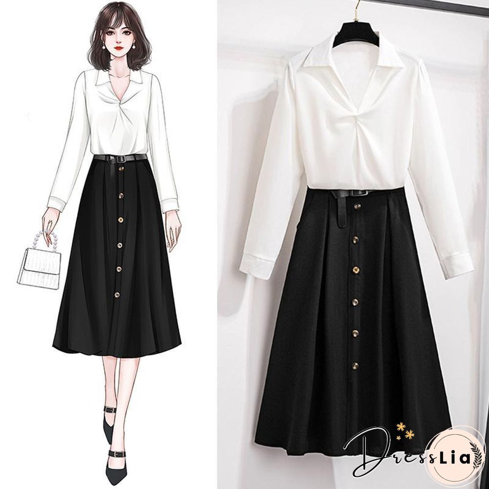 Fashion V-Collar Blouse+Belt Skirt P11743