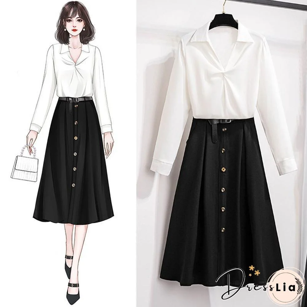 Fashion V-Collar Blouse+Belt Skirt P11743