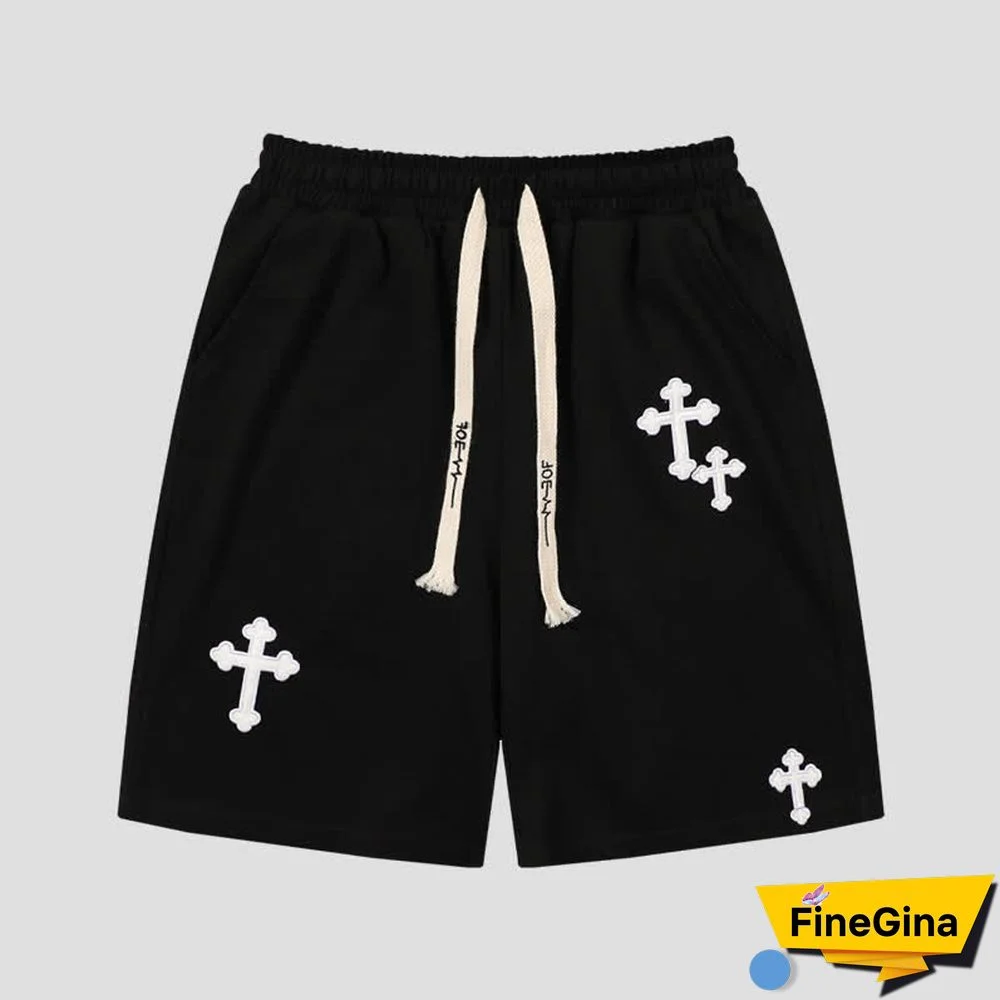 Cross Embroidery Drawstring Pocket Casual Shorts