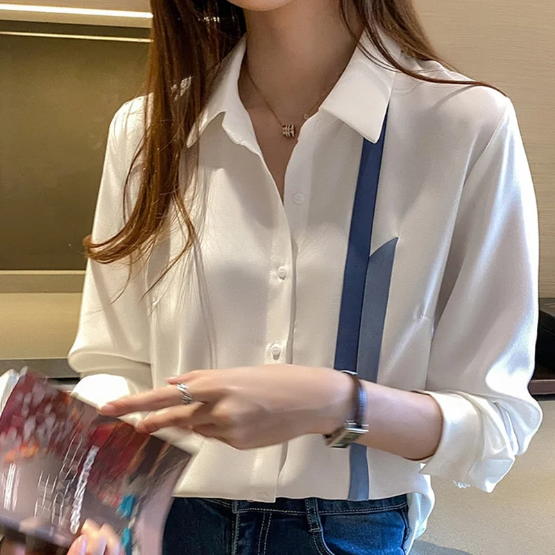 H Han Queen New Blouse Women Spring Autumn Single Breasted Turn-down Collar Shirts Office Work Blouse Chiffon Vintage Loose Tops