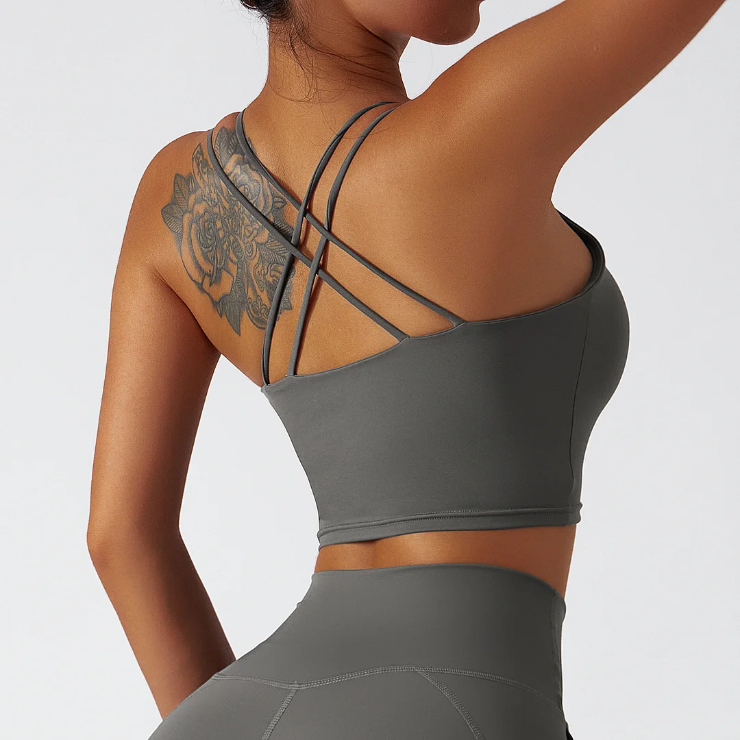 Buy different colors and types of sustainable recycled material criss cross thin straps breathable sports bra on Hergymclothing