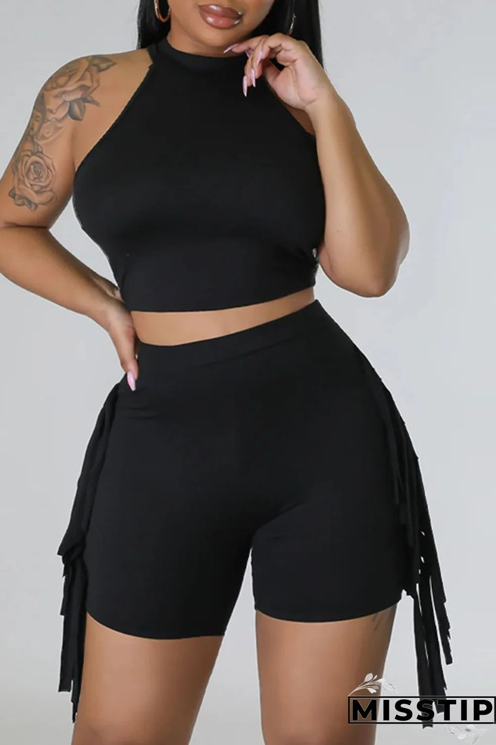 Black Sexy Solid Tassel Patchwork O Neck Sleeveless Two Pieces