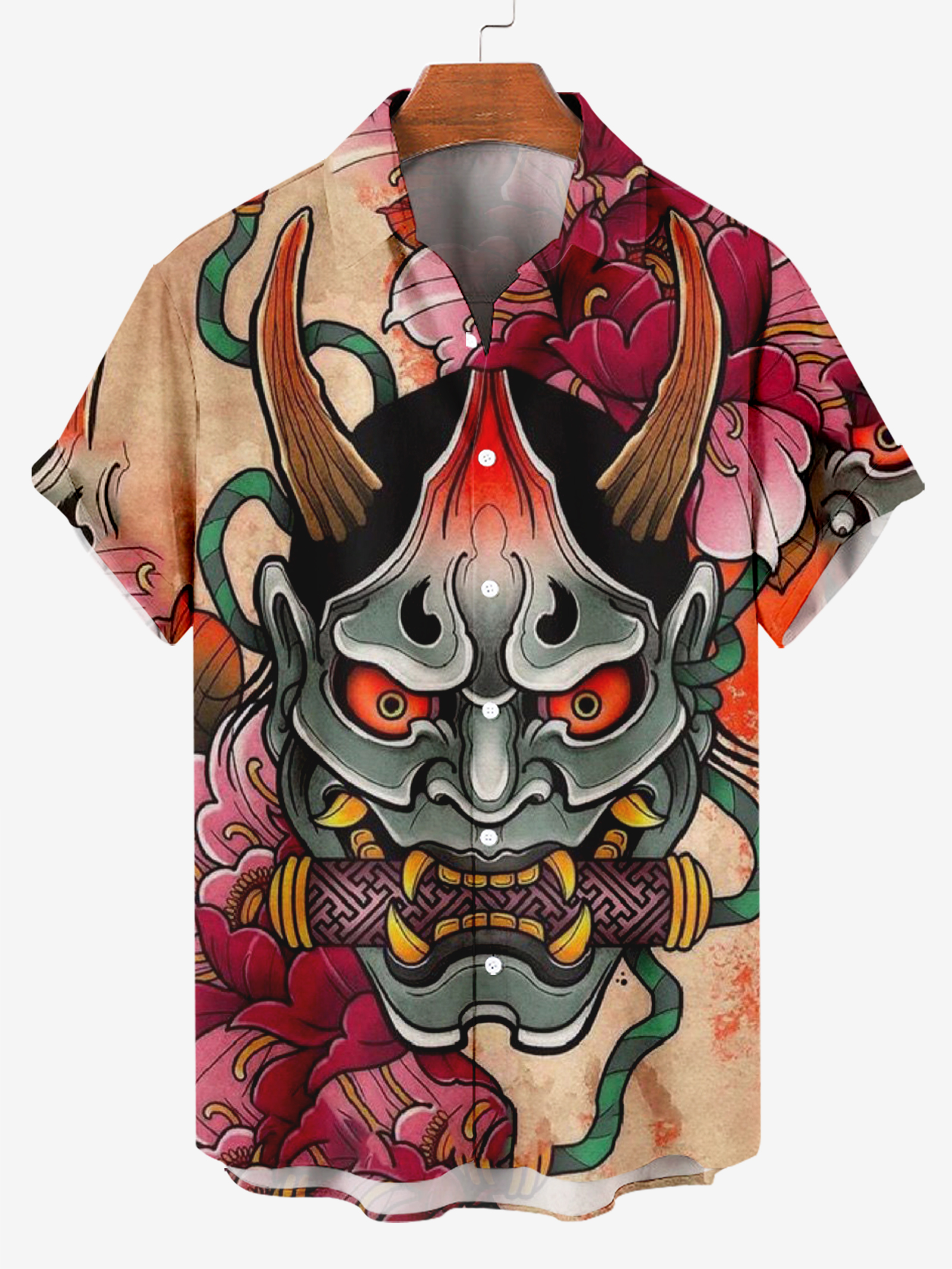 Men's Shirt Collar Red Eyed Ghost Mask Print Casual Short Sleeve Hawaiian Shirt PLUSCLOTHESMAN