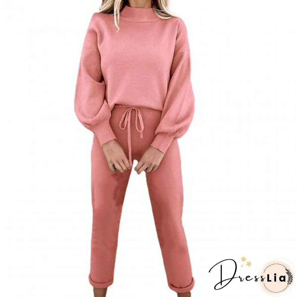 Women Outfit Pocket Thick Solid Color Loose Pullover Pants Set For Office