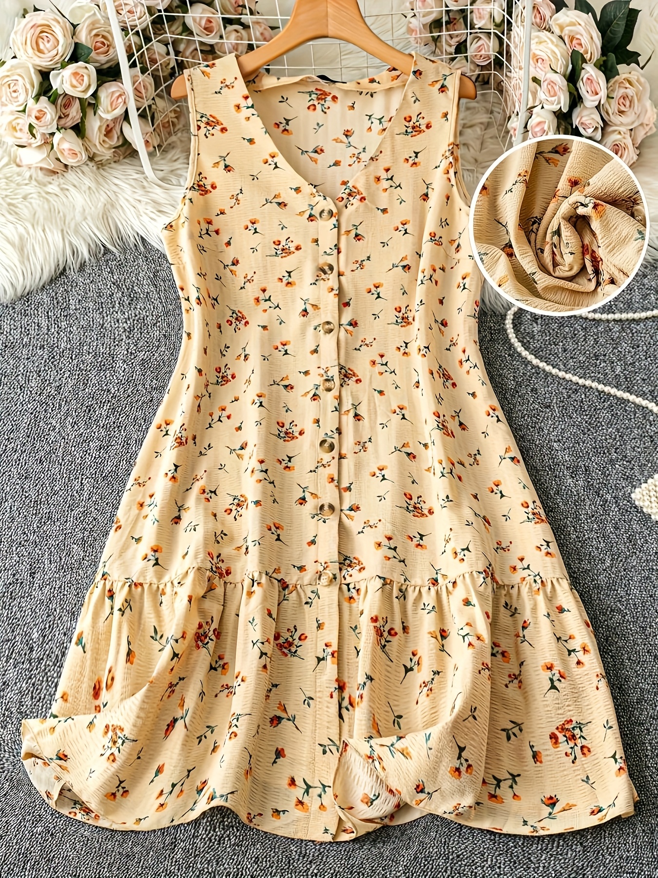 Plus Size Women's Bohemian Floral Print Sleeveless V-Neck Dress With Ruffled Hem & Front Button Closure - Knee-Length Casual Summer Dress For Spring Summer Fall, Machine Washable, Knee Length Attire, Elegant Fashion | IFYHOME