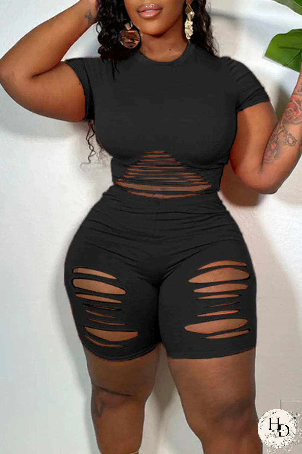 Black Sexy Solid Hollowed Out Split Joint O Neck Short Sleeve Two Pieces