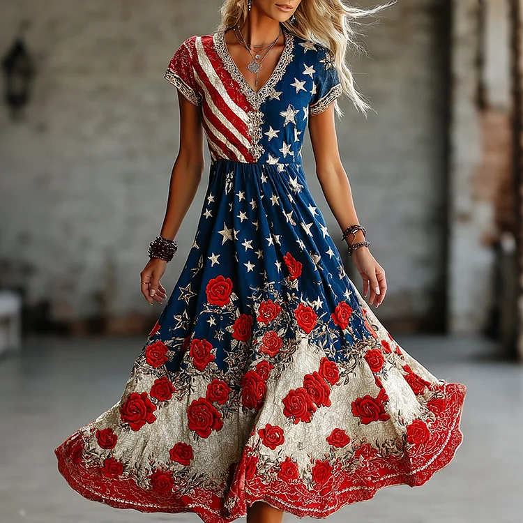 Vintage Floral Flag Art Flowy Linen Maxi Dress