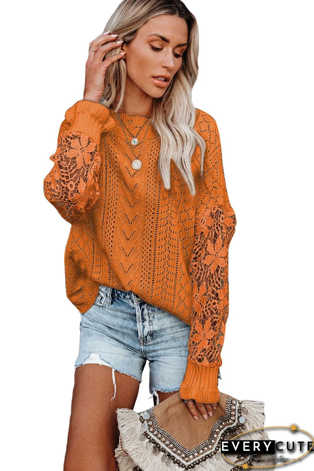 Crochet Lace Pointelle Knit Sweater