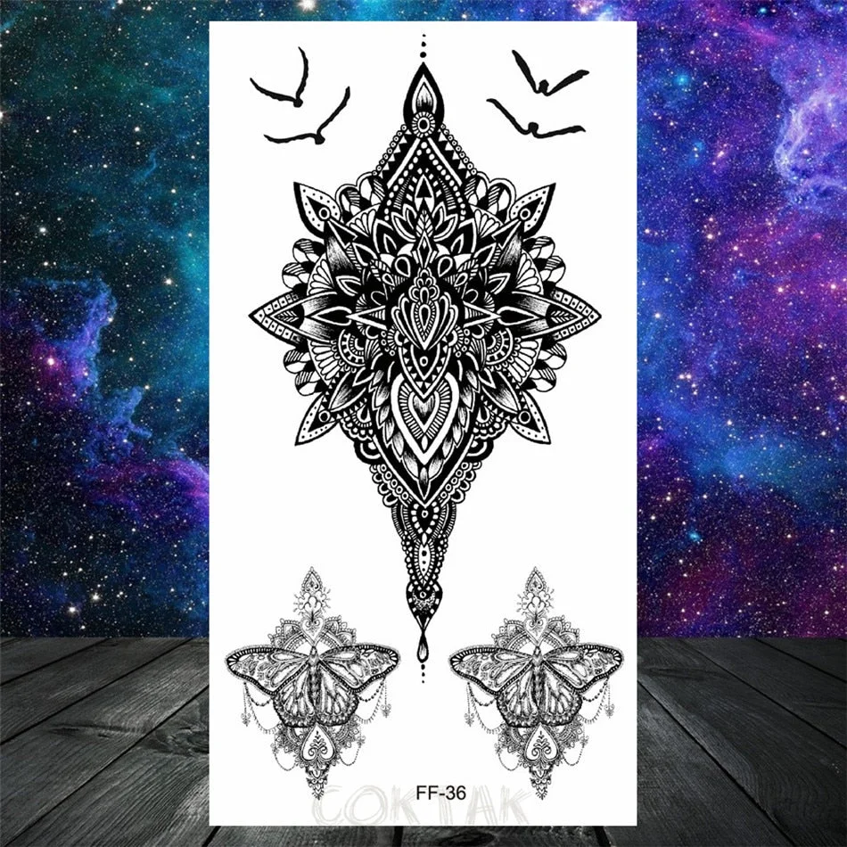 Owl Moth Jewelry Temporary Tattoo For Women Men Mandala Henna Flower Tattoo Mehndi Fake Pendants Geometric Tatoo Chest Back Lace