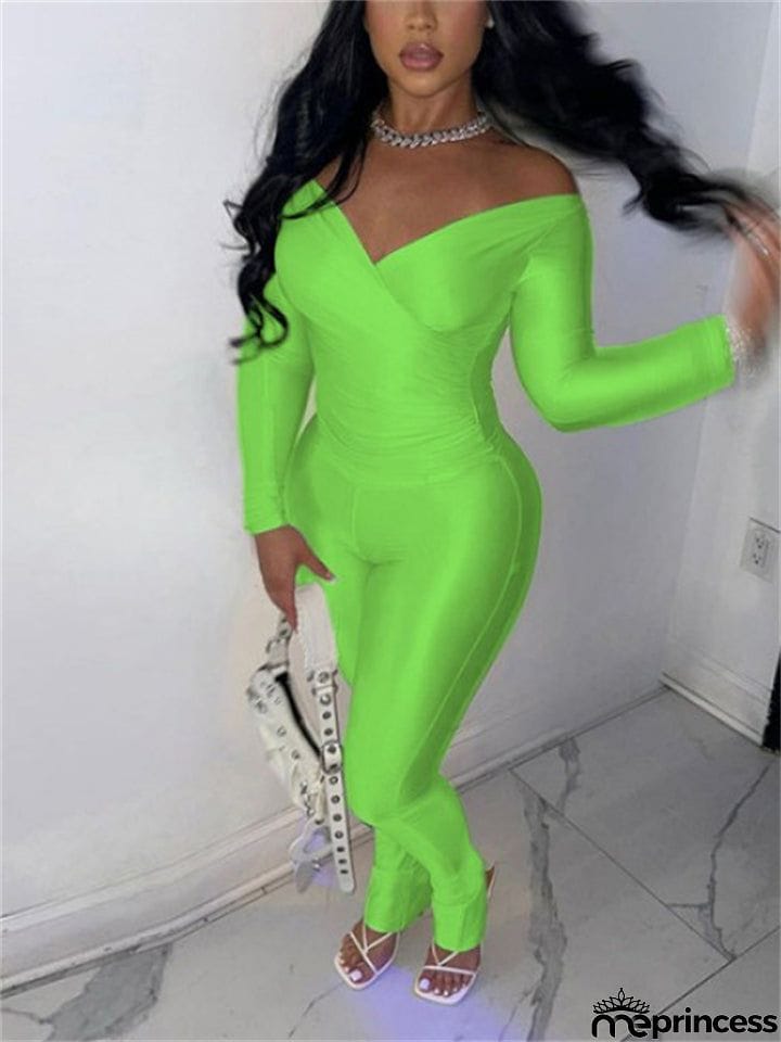 Ladies Sexy V Neck Pure Color Stretchy Shirt + Skinny Pants